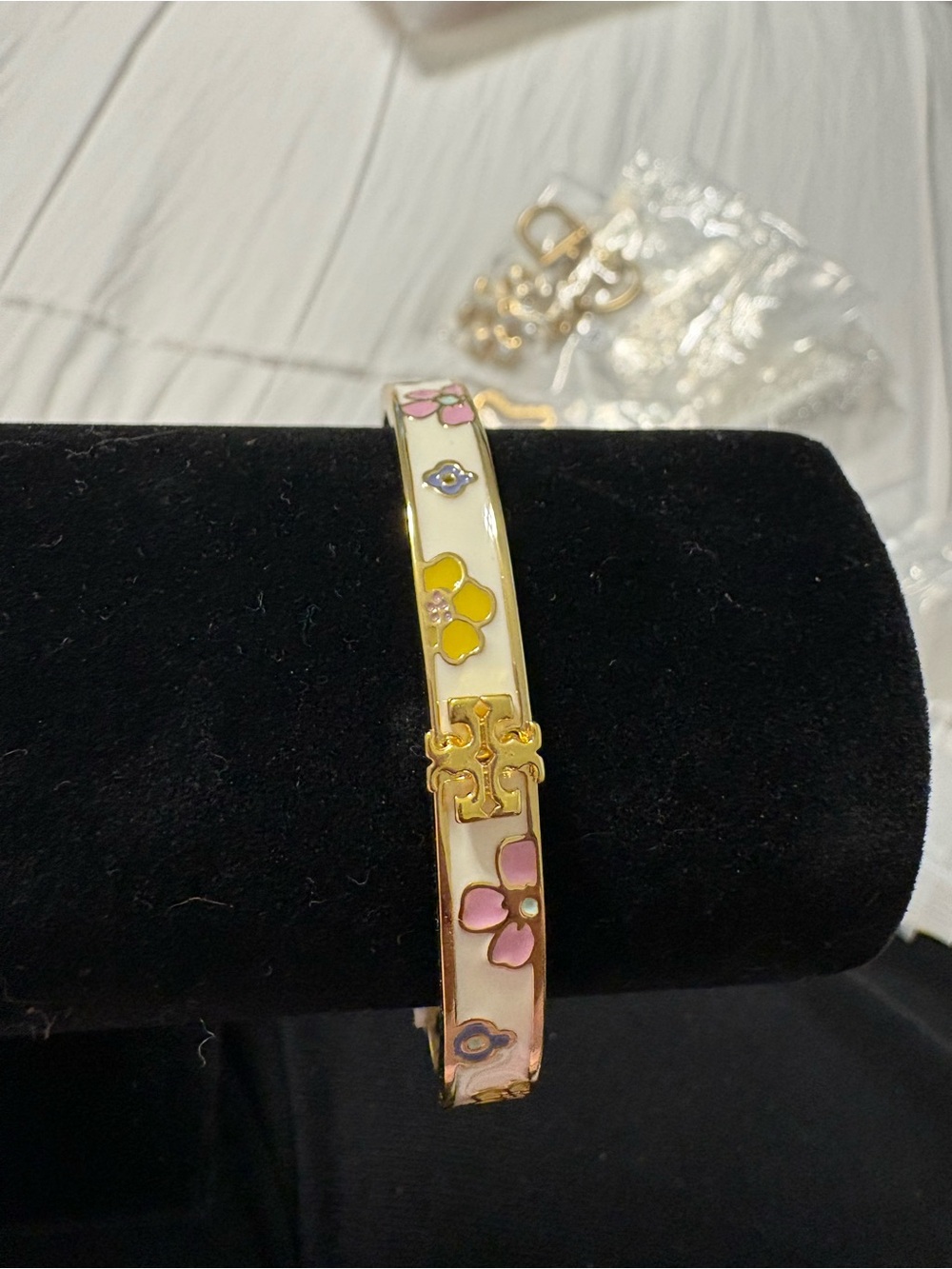 Tory Burch Gold-Tone Enamel Floral Bangle in Pink, Yellow & Cream